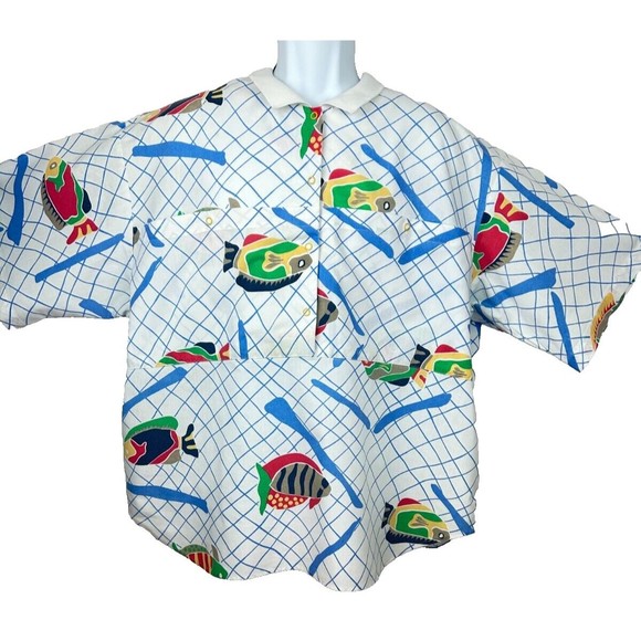 Levis Sportswear Vintage 1980's Fish Print Oversize Unisex Cotton Shirt  XL - Picture 9 of 16